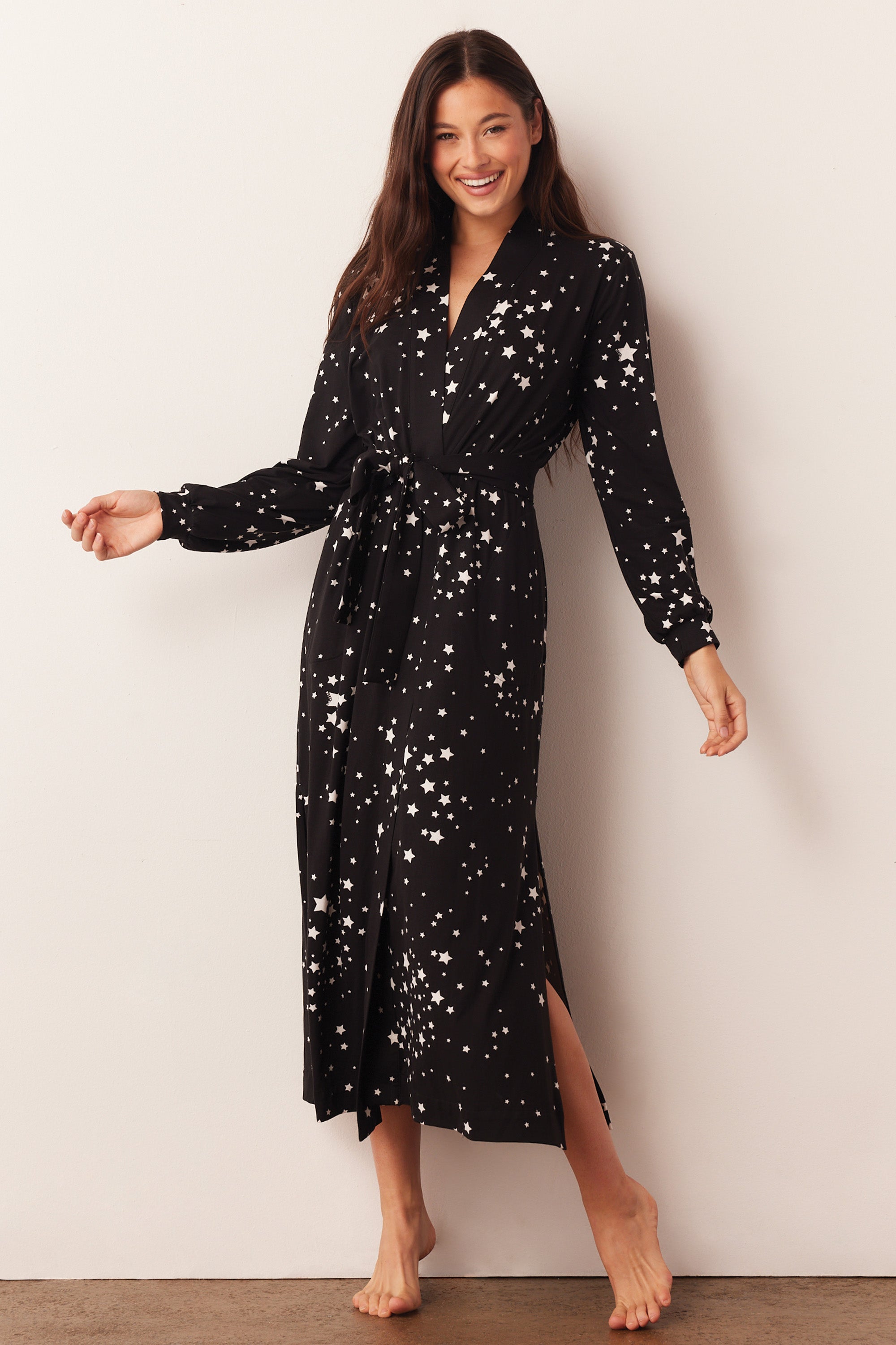 Load image into Gallery viewer, SKYLER BANDED LONG ROBE | BLACK STARS

