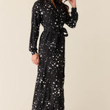 Skyler Cloud Jersey Banded Long Robe in Black Stars