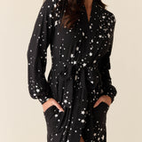 Skyler Cloud Jersey Banded Long Robe in Black Stars