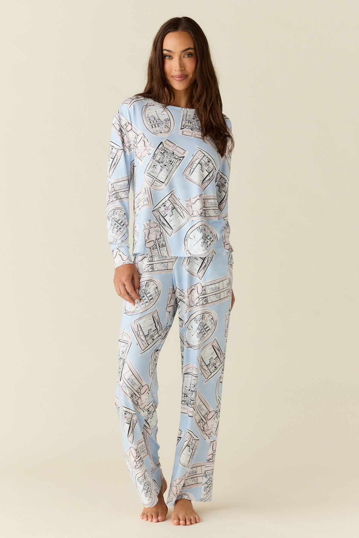 Hayley Cloud Jersey PJ Set - Parisian Postcard Print