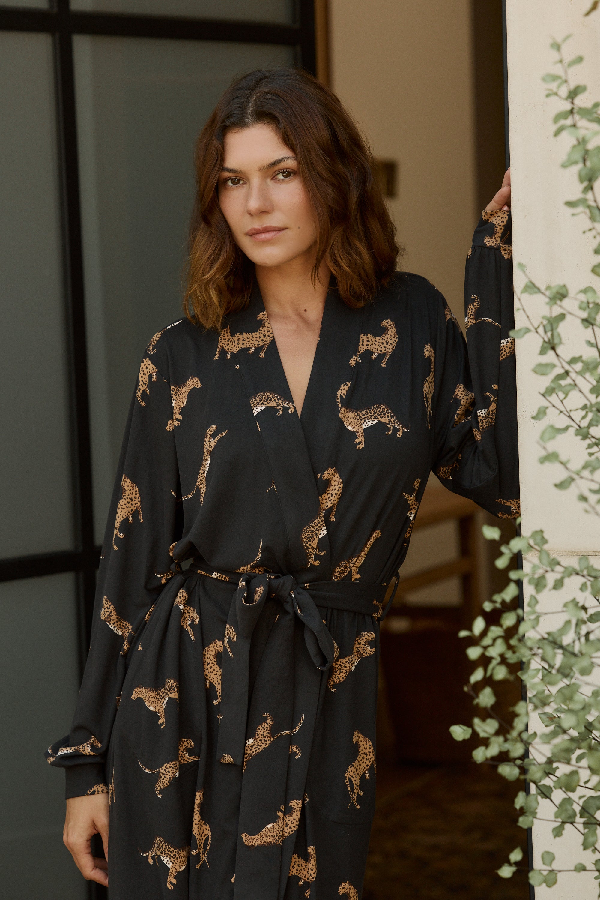 Skyler Cloud Jersey Banded Long Robe in Panthera