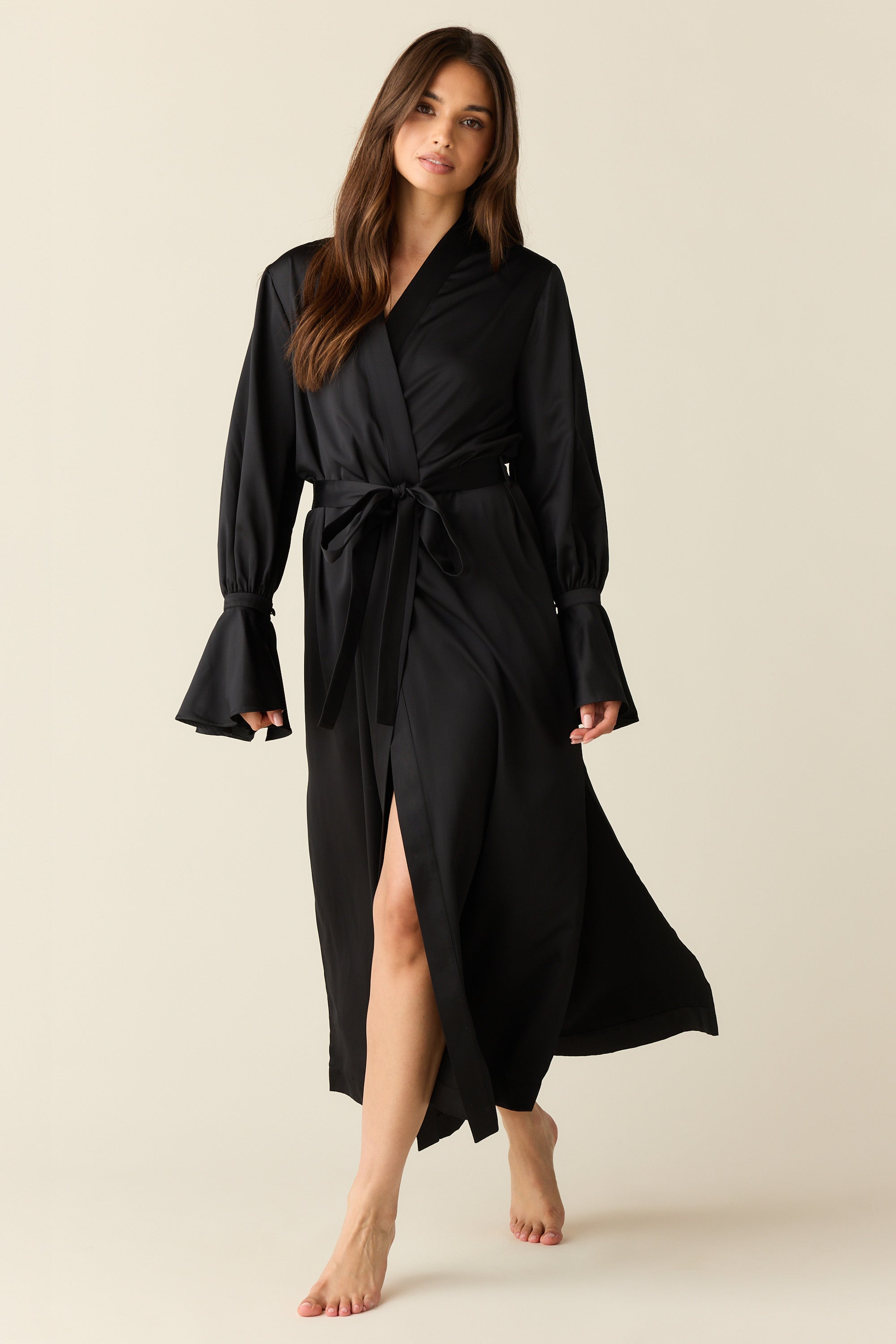Juliette Luxe Satin Cuff Robe in Black L
